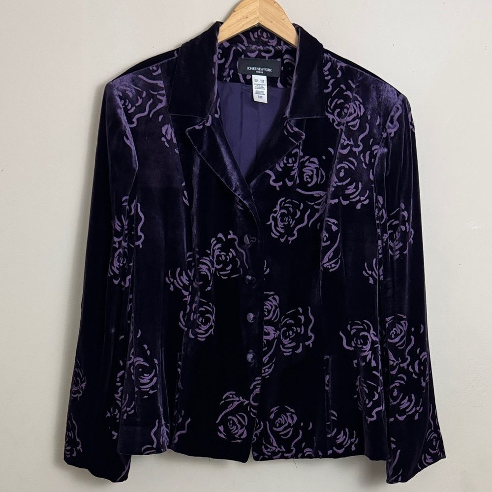 Jones New York Purple Floral Velvet Burnout Jacket Tie Back Detail size 24W Fall